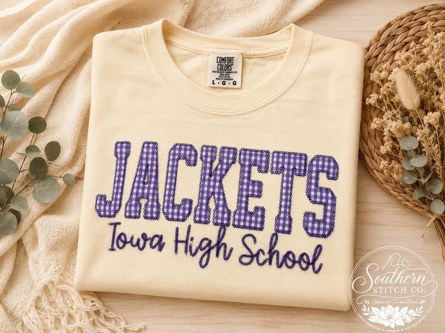 Butter Comfort Colors Jackets T-shirt in diamond stitch with purple gingham letters.