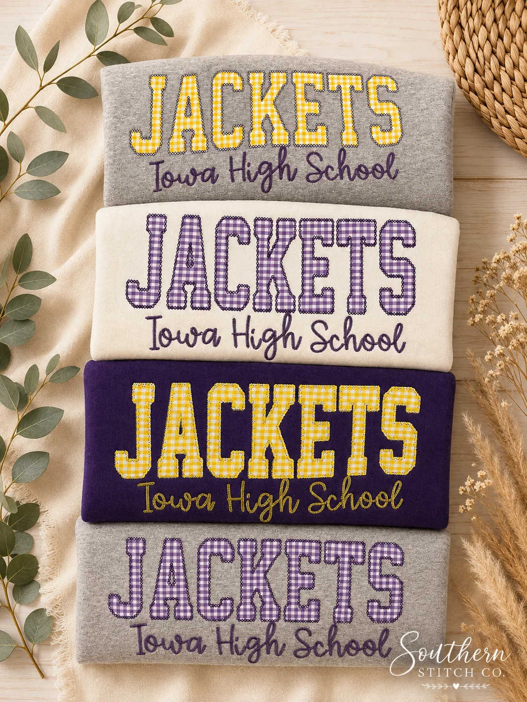 Stacked Iowa High School Jackets sweatshirts in multiple colorways.
